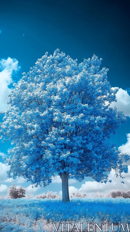 Infrared blue tree dominating surreal pastoral landscape.