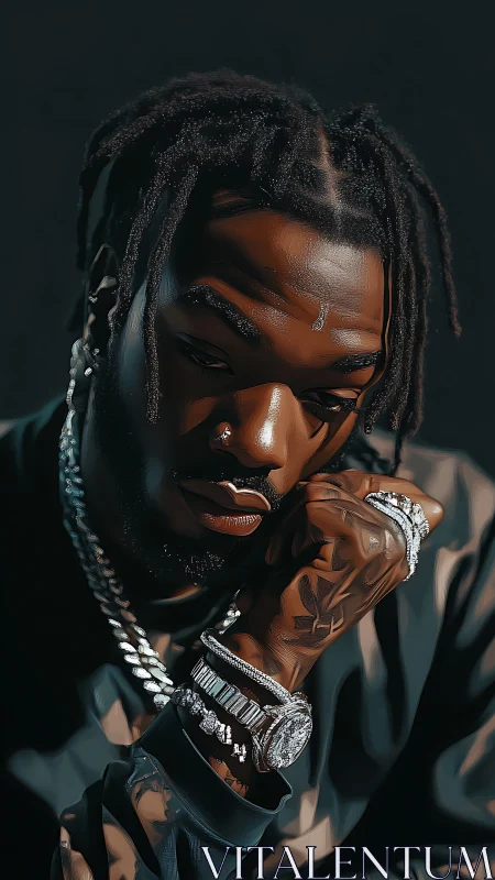 Portrait shows pensive man with jewelry in stylized lighting