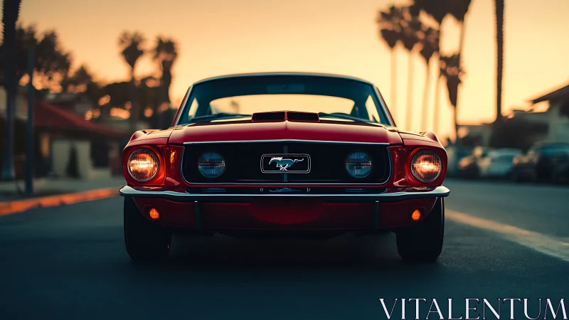 Sunset frontal portrait of classic red Mustang muscle car