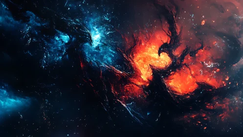 Fiery red nebula clashing with blue cosmic clouds in space.