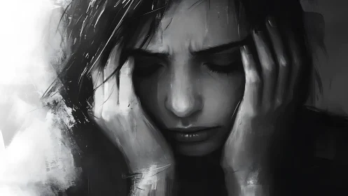 Storm-quiet face cradled in inked hands of sorrow.