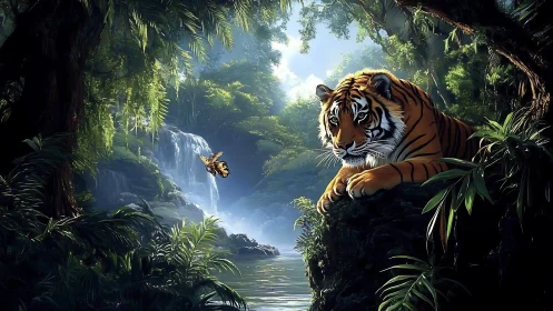 Digital jungle tableau captures tiger observing butterfly calmly