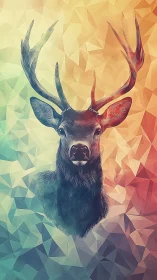Geometric stag portrait with colorful polygon backdrop.
