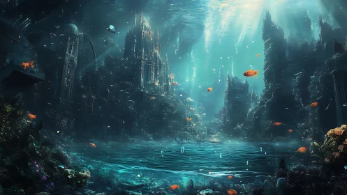 Sunken cathedral city rises through teal underwater light