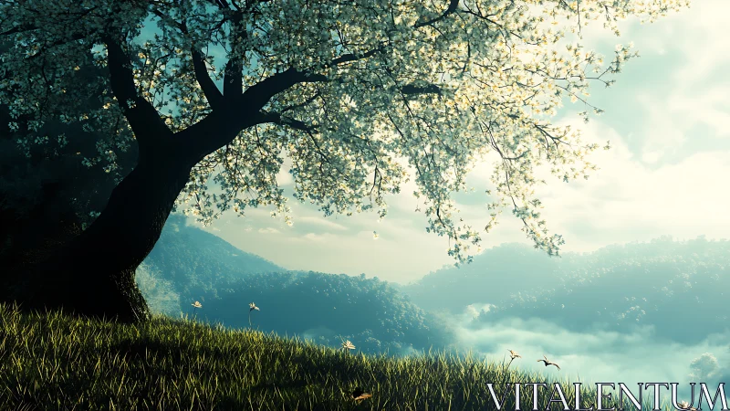 Blossoming tree on hillside above misty blue mountains.