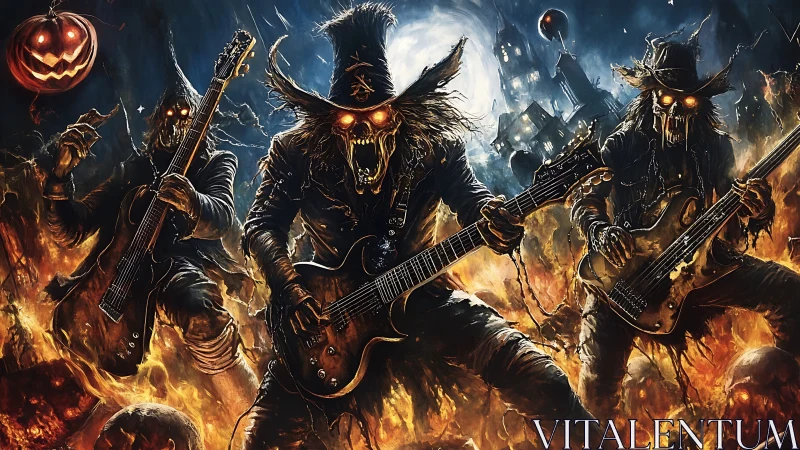 Hellfire scarecrow metal band shredding under full moon.