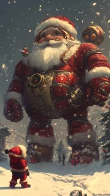 Gigantic mechanized Santa figure in snowy winter setting.