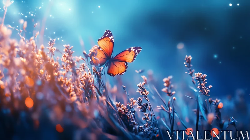 Twilight meadow crowns an ember-winged butterfly in flight