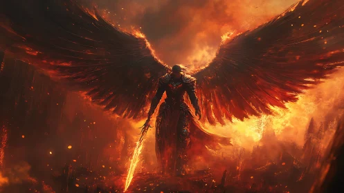 Fallen ember seraph strides through molten dusk inferno.