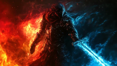 Armored figure stands between symmetric fire and ice fields