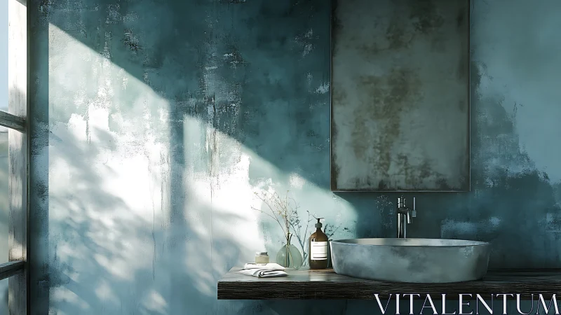Sunlit rustic bathroom sink in textured teal interior.