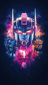 Central robotic head rendered with surrounding mecha portraits