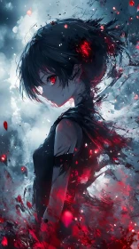 Dark-haired anime girl radiates crimson energy in storm