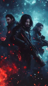 Three armed figures in tactical gear amid blue red embers.