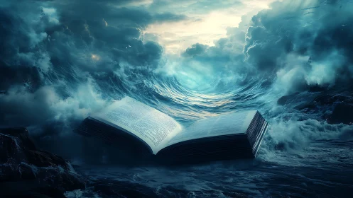Surreal digital seascape with monumental open book centerpiece.