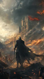 Black-armored warlord surveys burning siege-scarred citadel.