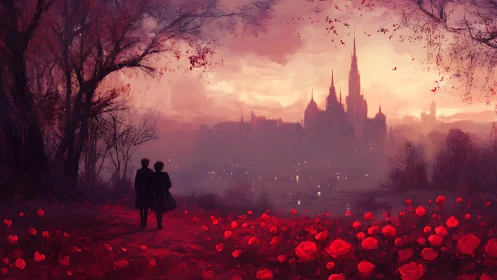 Two Hearts Beneath a Crimson Dawn Over Enchanted Castles