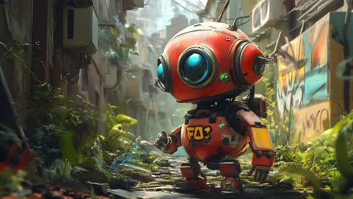 Small red inspection robot in overgrown urban alleyway.