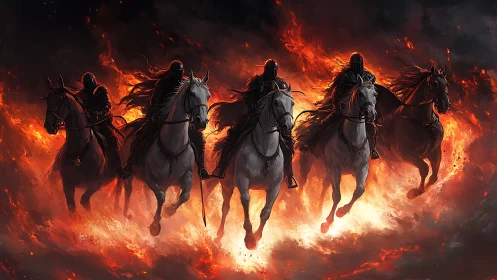 Armored riders on white horses charge through fire.