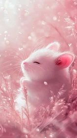 Dreamy pink kitten basking in soft petal-kissed light.