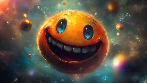 Smiling cosmic emoji planet with glowing blue eyes.