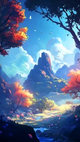 Mountain valley landscape with stream and autumn trees.