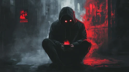 Hooded cyber figure with red neon eyes in dark alleyway.