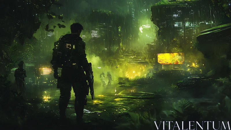 Cyber soldier enters neon-soaked jungle megacity ruins.