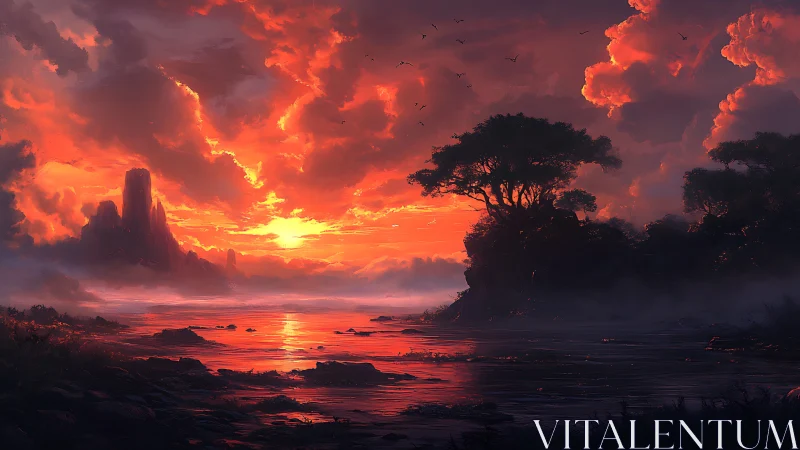 Fiery coastal sunset over misty cliffs and trees.