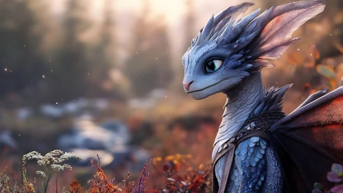 Blue baby dragon in autumn forest bokeh light profile.