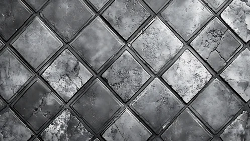 Weathered metallic floor tiles form cracked diagonal grid