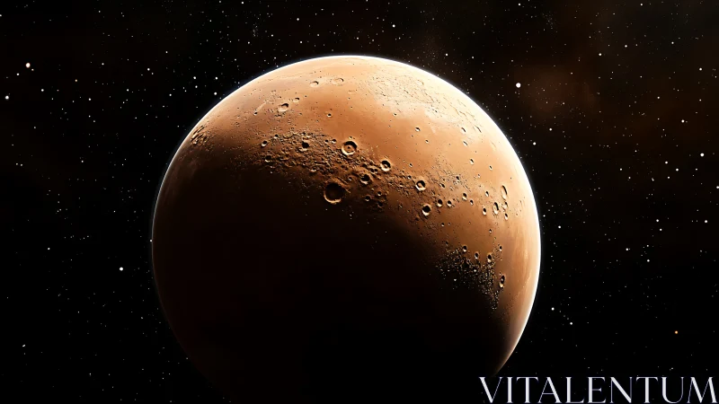 Photorealistic Martian hemisphere in high-contrast sidelight.