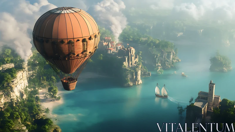 Hot air balloon over coastal cliffs and misty harbor.