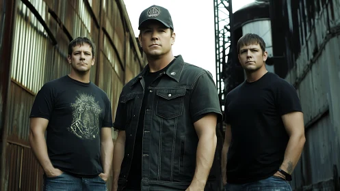 Rock trio stands in gritty urban alleyway portrait.