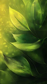 Pixel-breathed leaves drift upward through luminous green haze