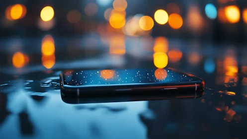 Smartphone lying on wet reflective surface at night.