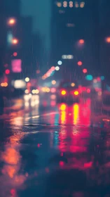 Neon rainfall drapes a midnight city in chromatic hush.