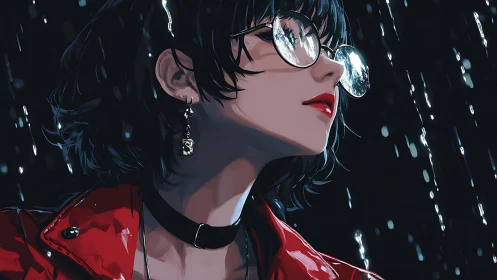 Reflective anime portrait renders neon rain with cinematic clarity