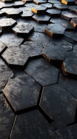 Warm light over rugged black hexagon stone pattern.