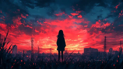 Silhouetted girl facing neon red urban sunset skyline panorama