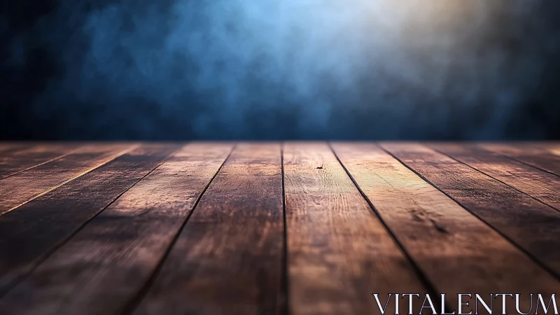 Rustic wood floor extends toward soft blue studio backdrop