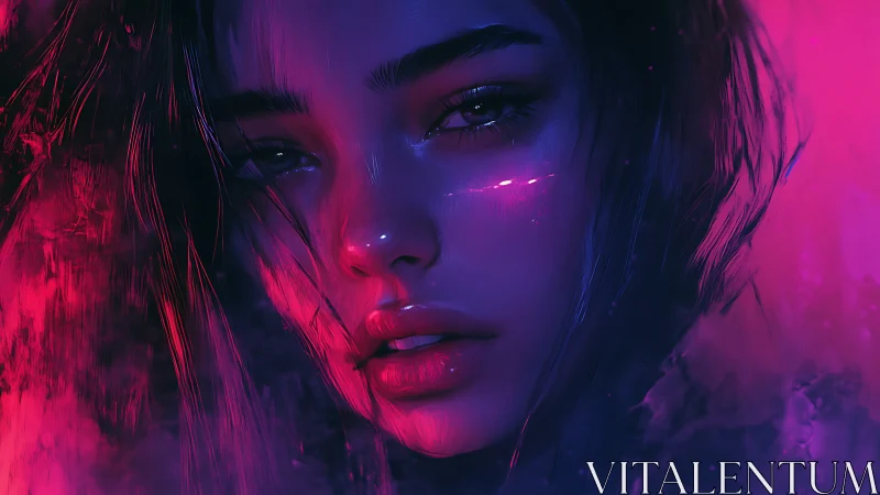 Neon-lit cyber muse with luminous gaze and painted sorrow.