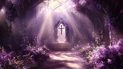 Lavender-lit cathedral garden cradling a radiant floating cross.