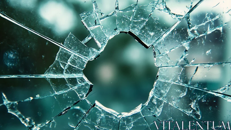 Shattered glass window with central impact hole detail.