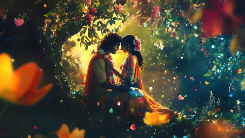 Couple in Traditional Attire Within Luminous Floral Environment.