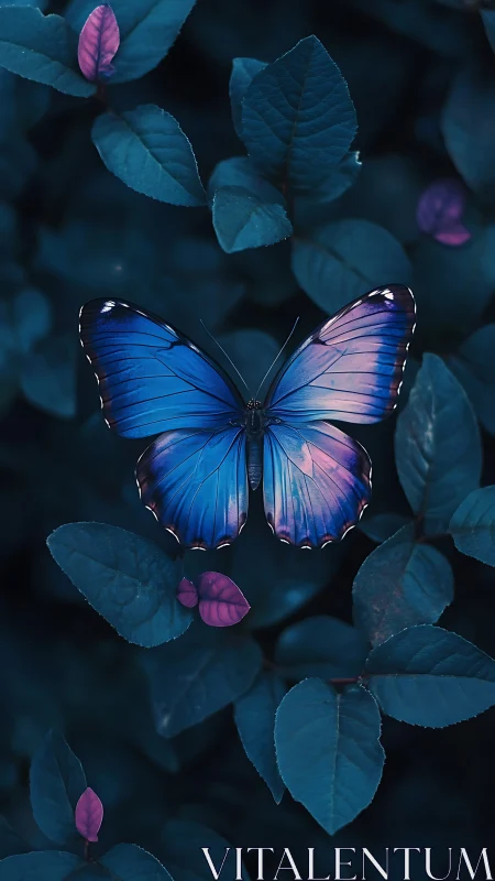Blue morpho butterfly over teal foliage in low-key light.