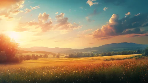 Digital landscape render depicts sunlit field and distant hills