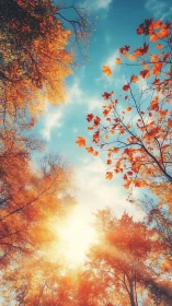 Golden autumn trees under bright sun and open blue sky.