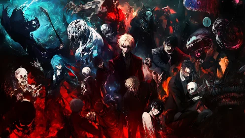 High-contrast demonic ensemble in cinematic anime composition.