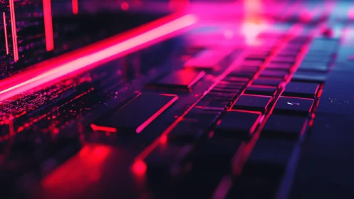 Neon circuits whisper along a liquid glass keyboard horizon